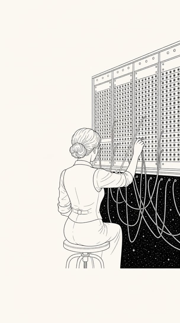 A switchboard operator patching cords into a wall of jacks over a void of stars — the organization, not the technology, being the hard part.
