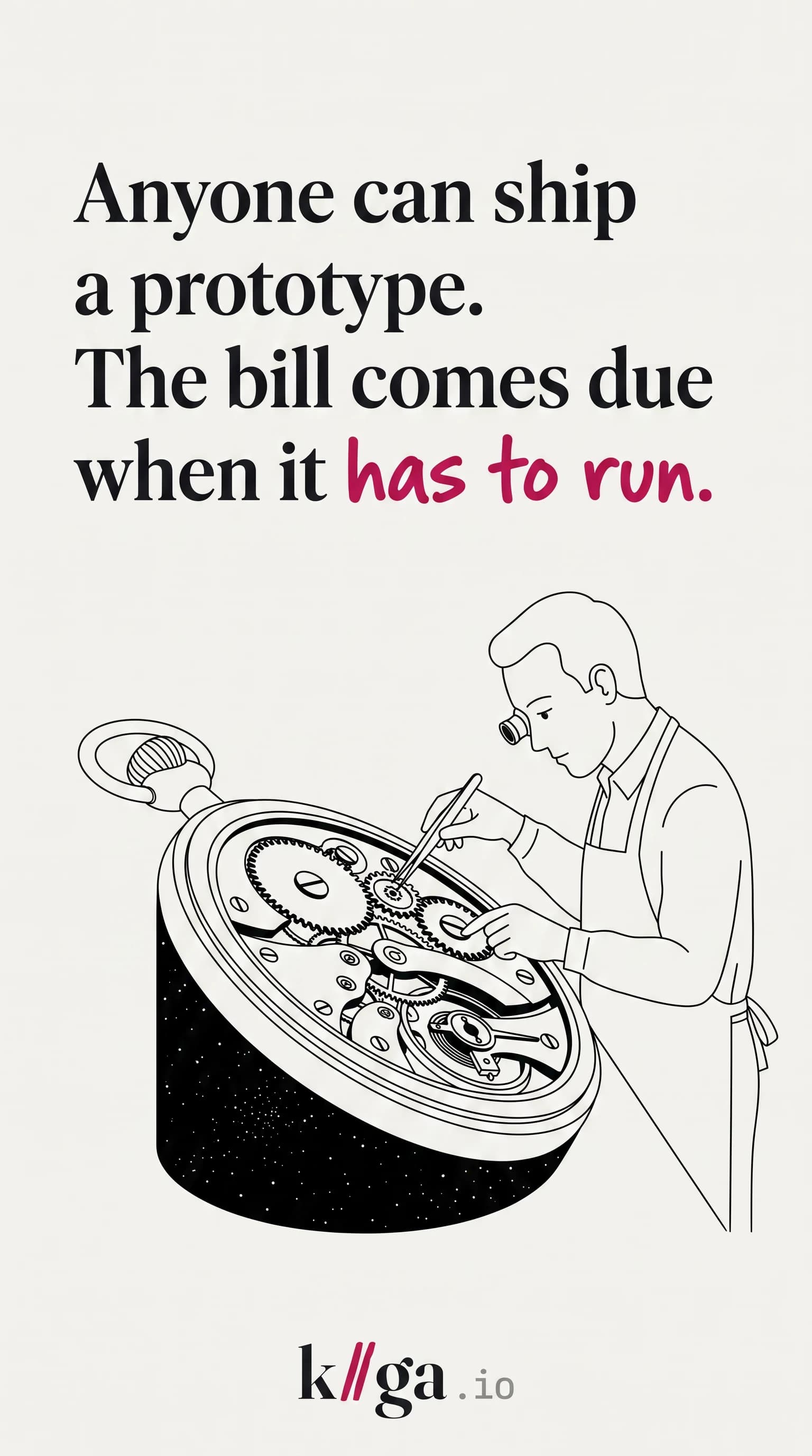 A watchmaker adjusting the movement of a pocket watch that opens onto a void of stars — a prototype meeting the cost of having to actually run.