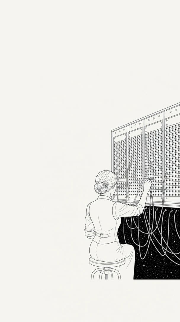 A switchboard operator connecting cords above a field of stars.