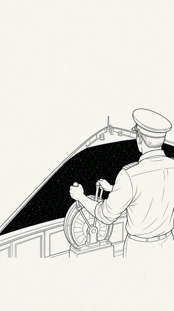 A ship’s captain at the engine levers above a field of stars.